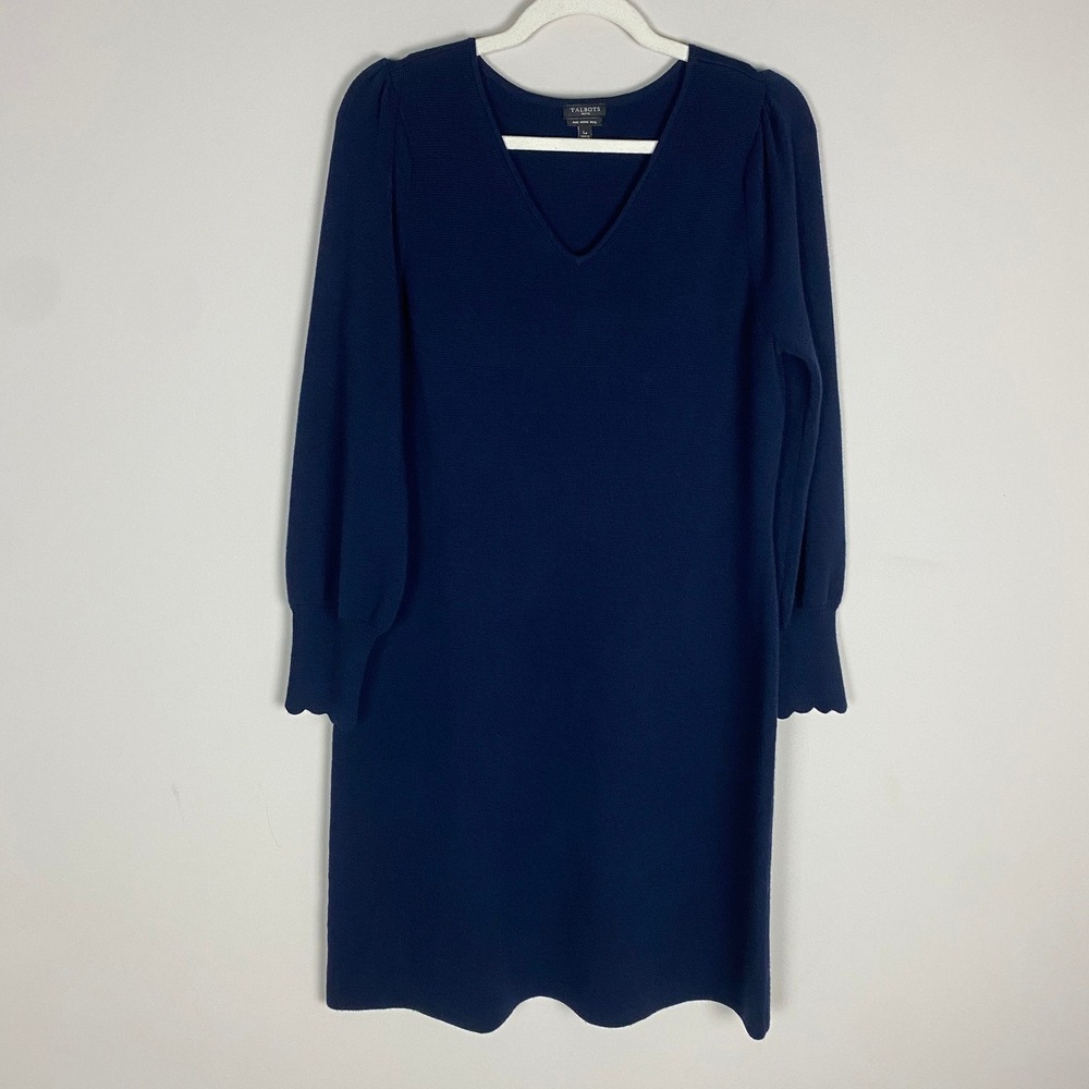 Talbots Sweater Dress Womens Large Petite Pure Merino Wool Navy Blue Puff Sleeve